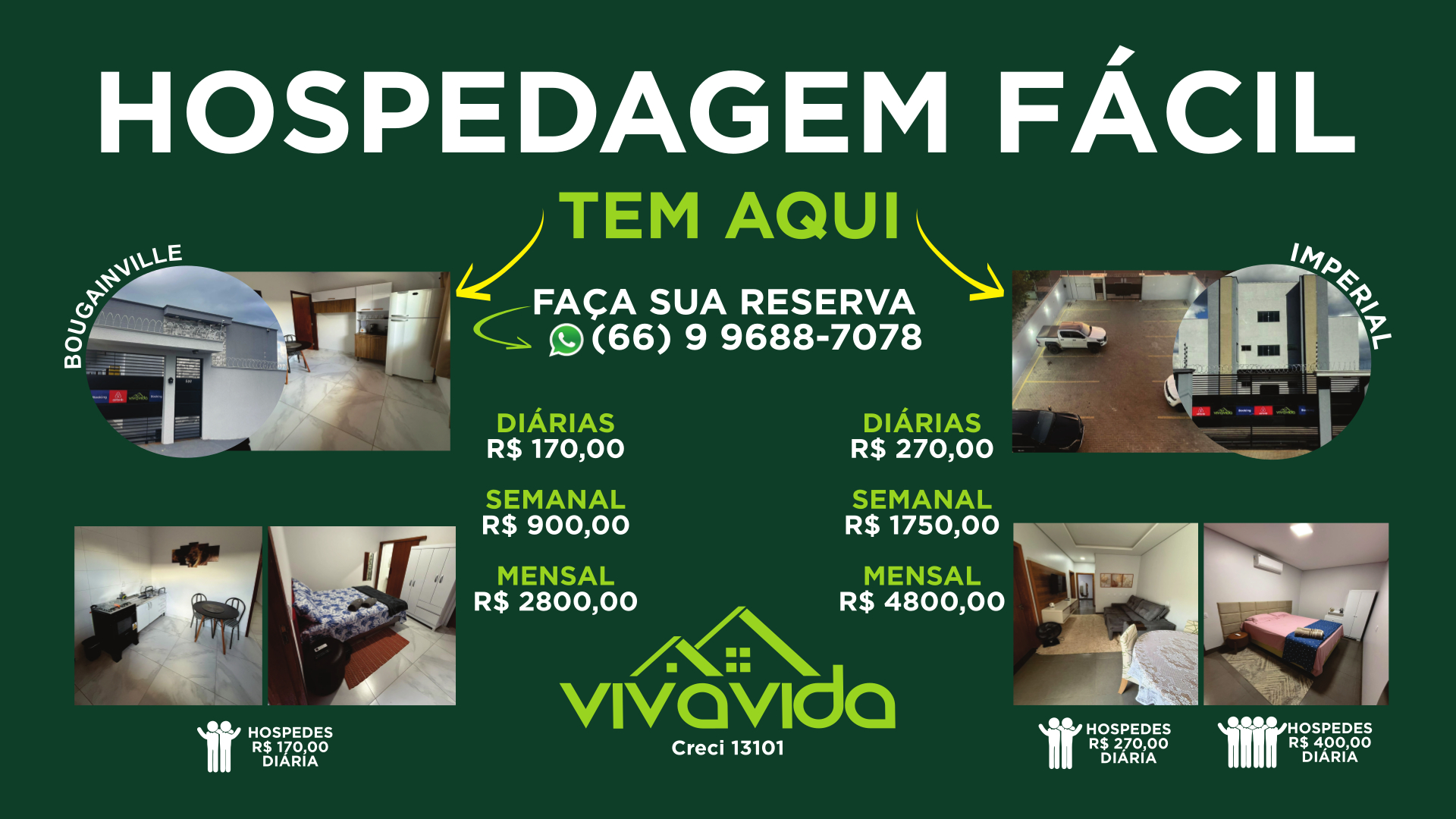 Hospedagem fácil VivaVida com opções de diária, semanal e mensal